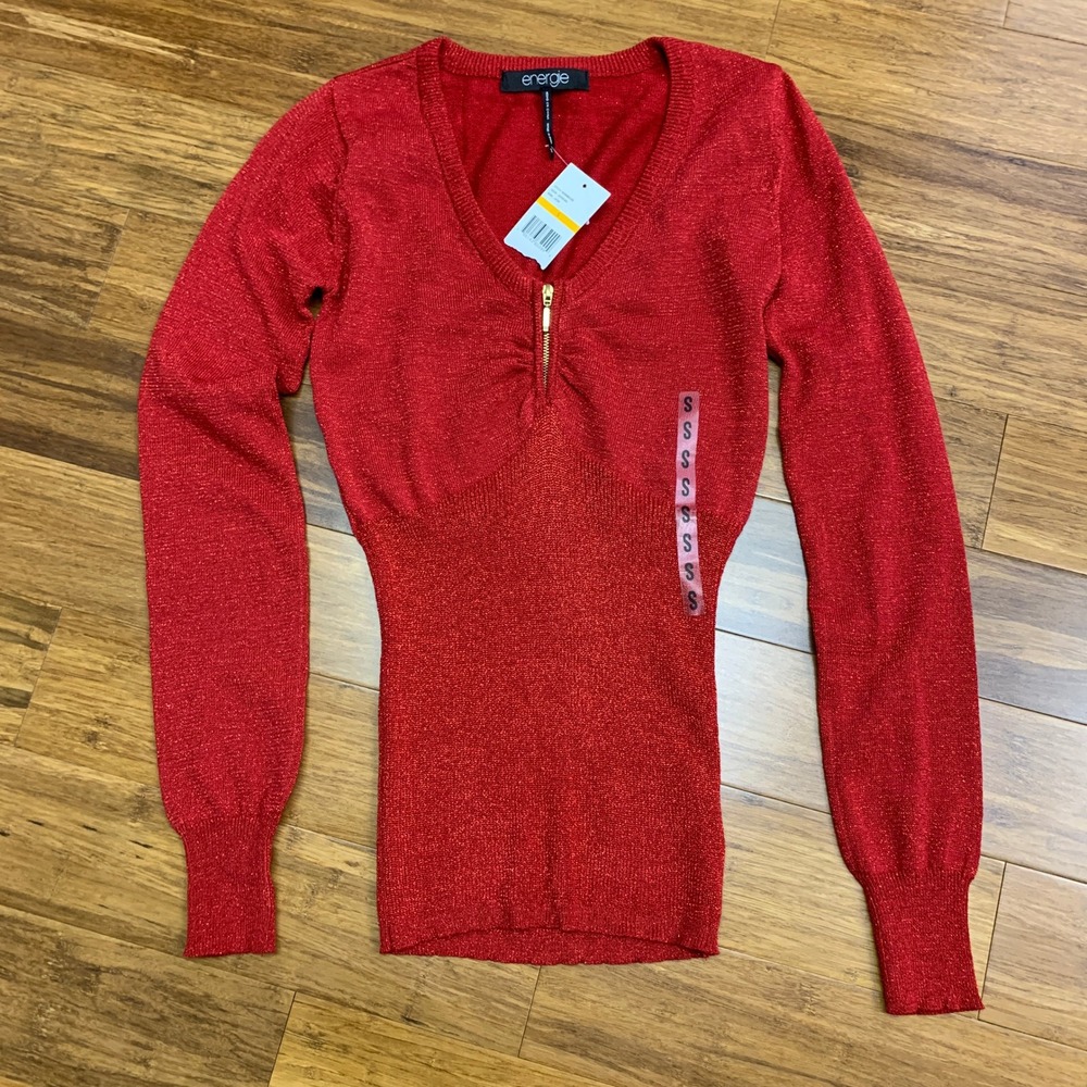 Energie Red Metallic Knit Top Womens Small V-Neck Long Sleeve Pullover Sweater